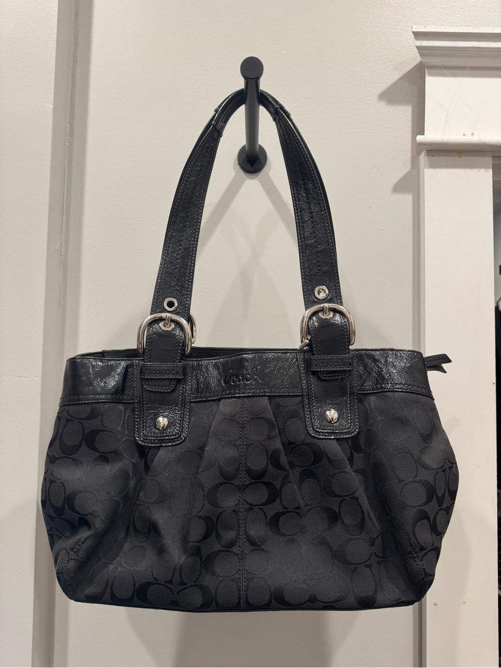 Coach Black Signature Canvas Shoulder Bag with Leather Trim